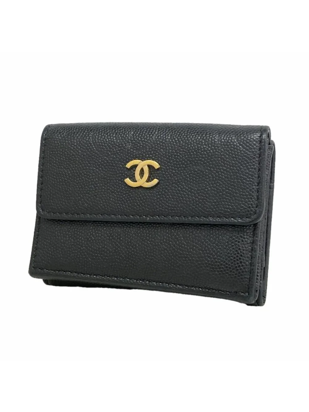 Chanel Trifold Wallet Camellia Caviar Leather Black Champagne Gold